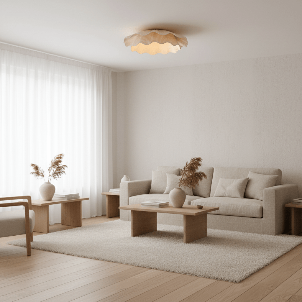 Stropní lampa Arwen s vlnitým plisovaným látkovým stínidlem zakřiveného tvaru