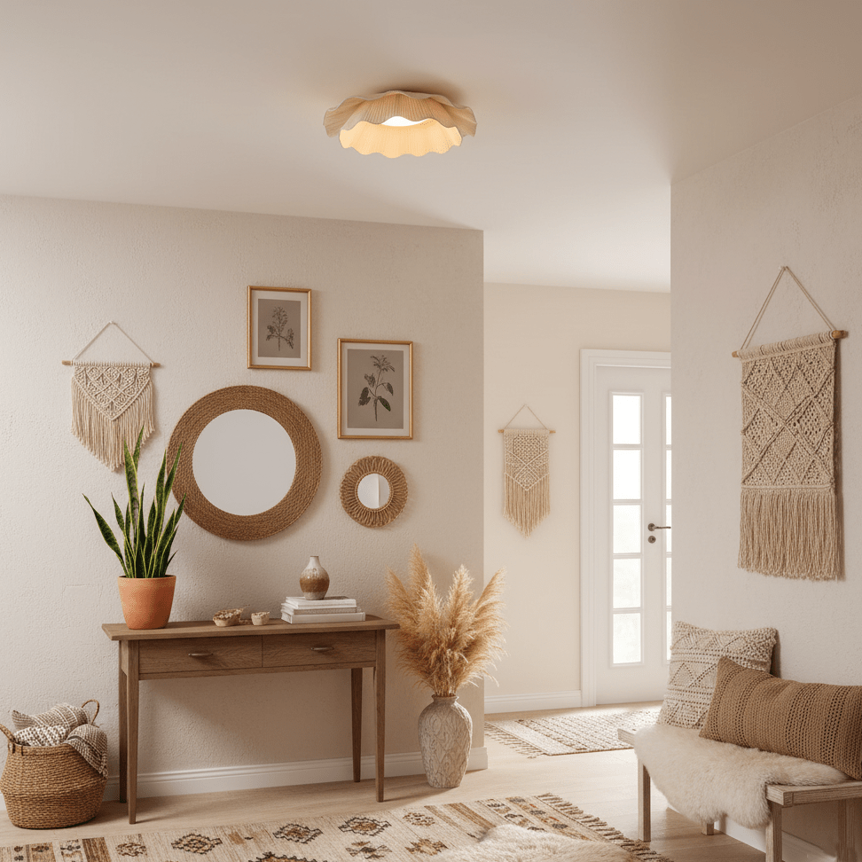 Stropní lampa Arwen s vlnitým plisovaným látkovým stínidlem zakřiveného tvaru