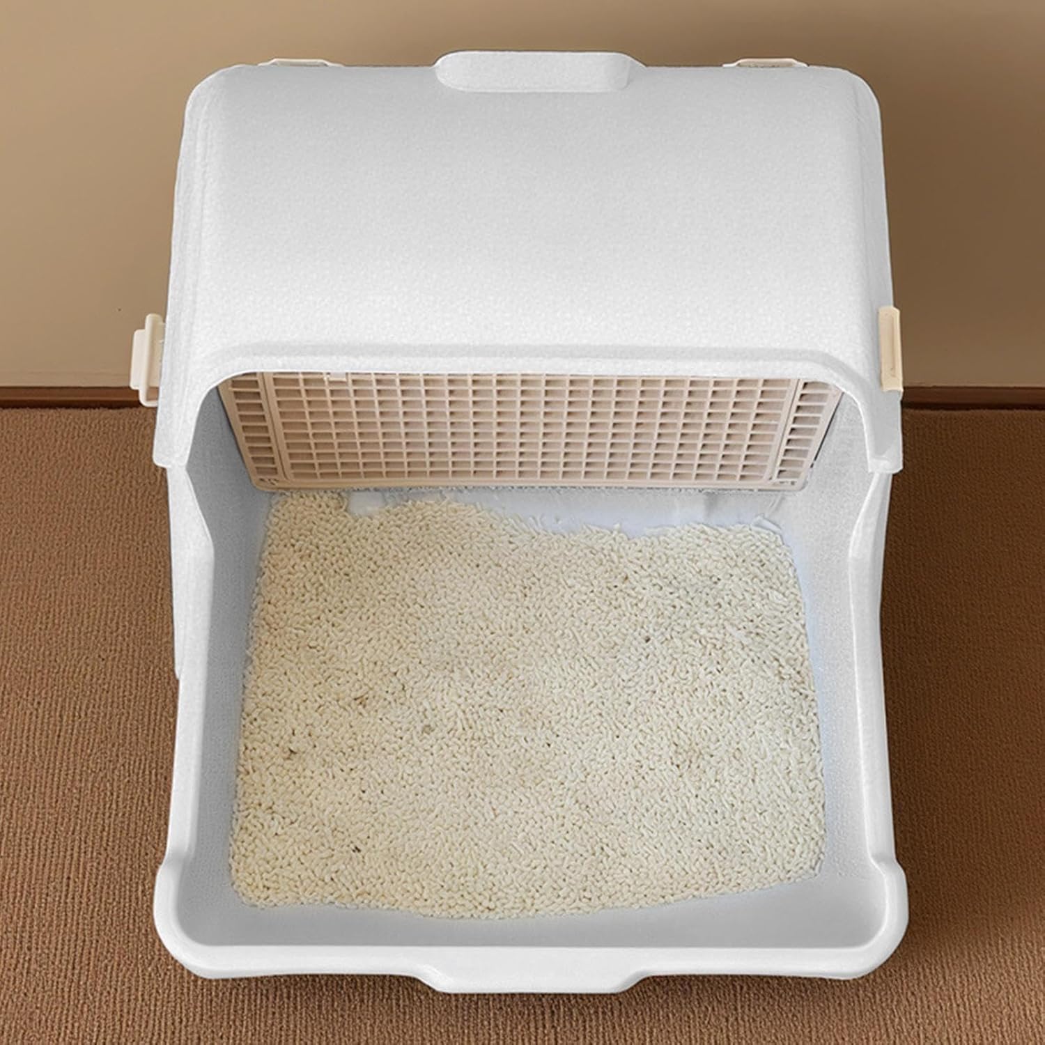 Automatisk kattlåda - Tippbricka - Luktbekämpning - Öppen topp - 50x50x46 cm - Beige och grå