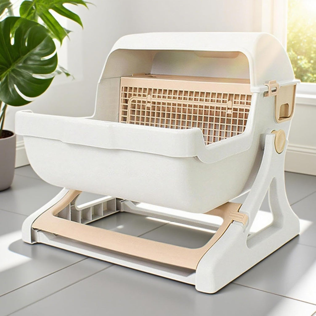 Automatisk kattlåda - Tippbricka - Luktbekämpning - Öppen topp - 50x50x46 cm - Beige och grå