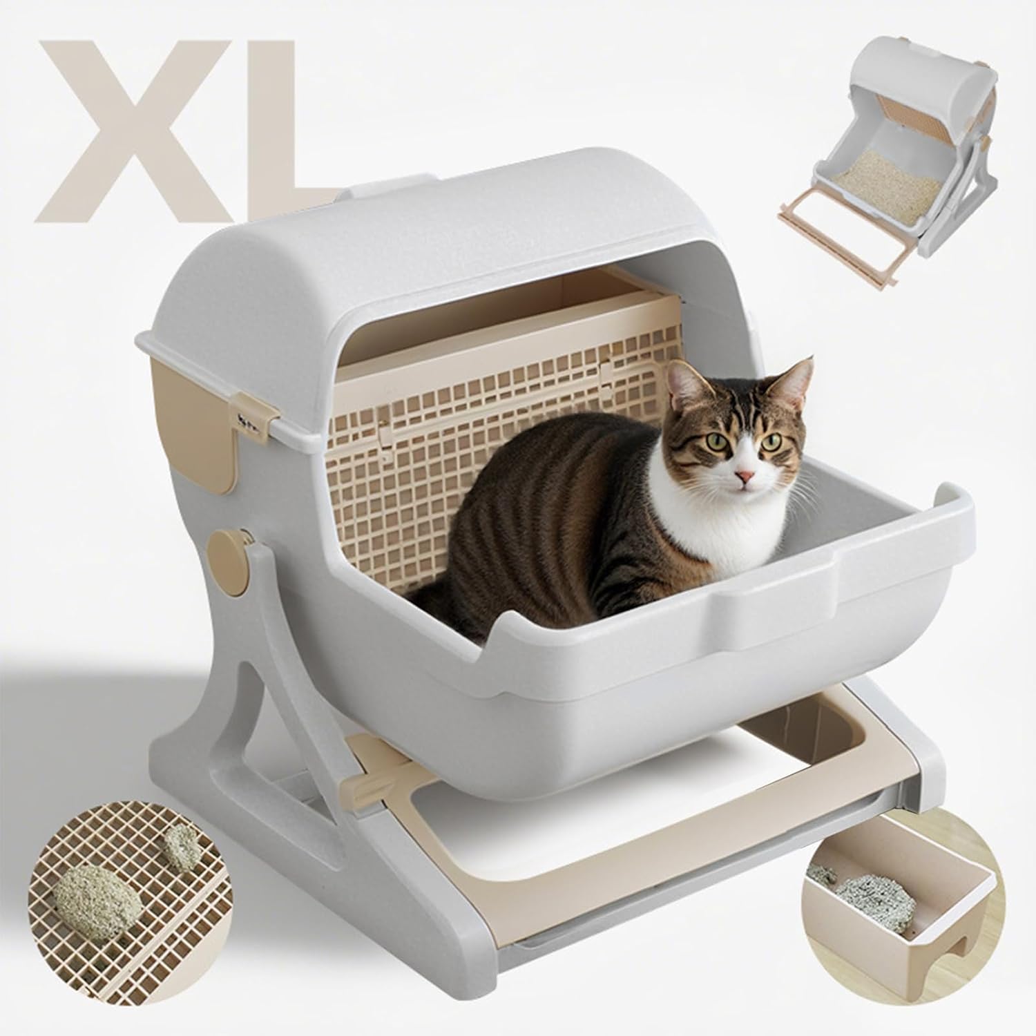 Automatisk kattlåda - Tippbricka - Luktbekämpning - Öppen topp - 50x50x46 cm - Beige och grå