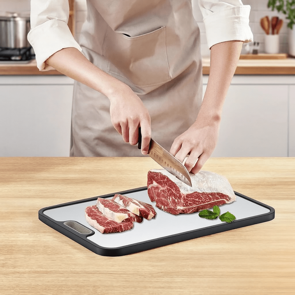 Tagliere Aurora Edge in titanio, bifacciale, con superficie antiscivolo per cucine professionali