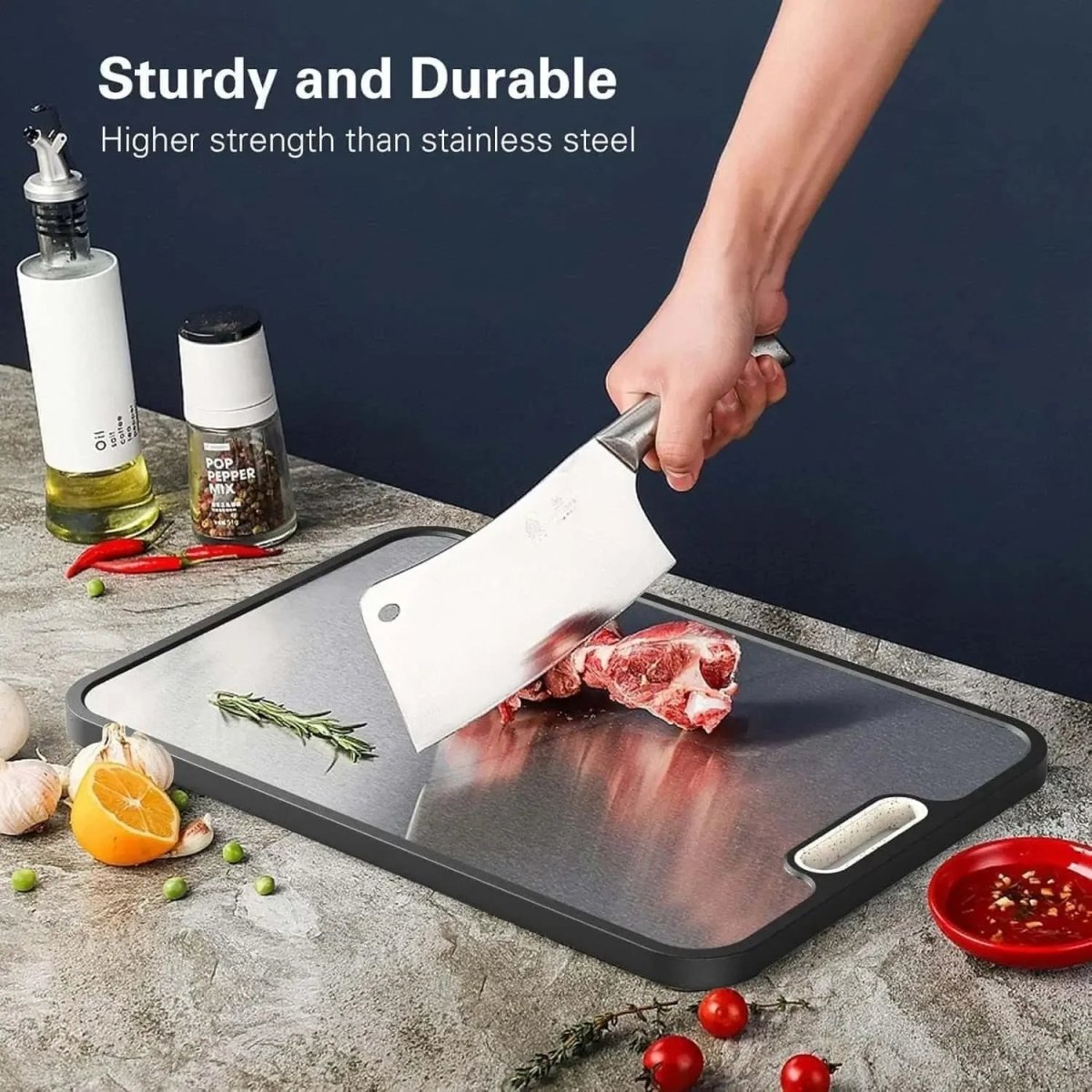 Tagliere Aurora Edge in titanio, bifacciale, con superficie antiscivolo per cucine professionali