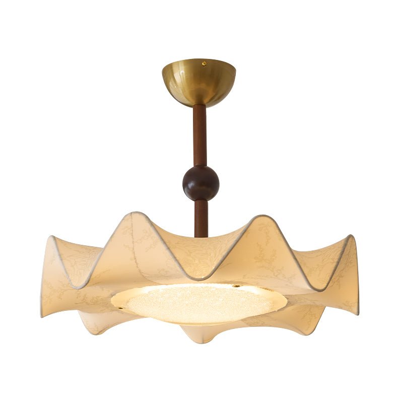Lampa sufitowa Cyrie — drewniana rama, materiałowy klosz z wytrawianym kwiatowym wzorem