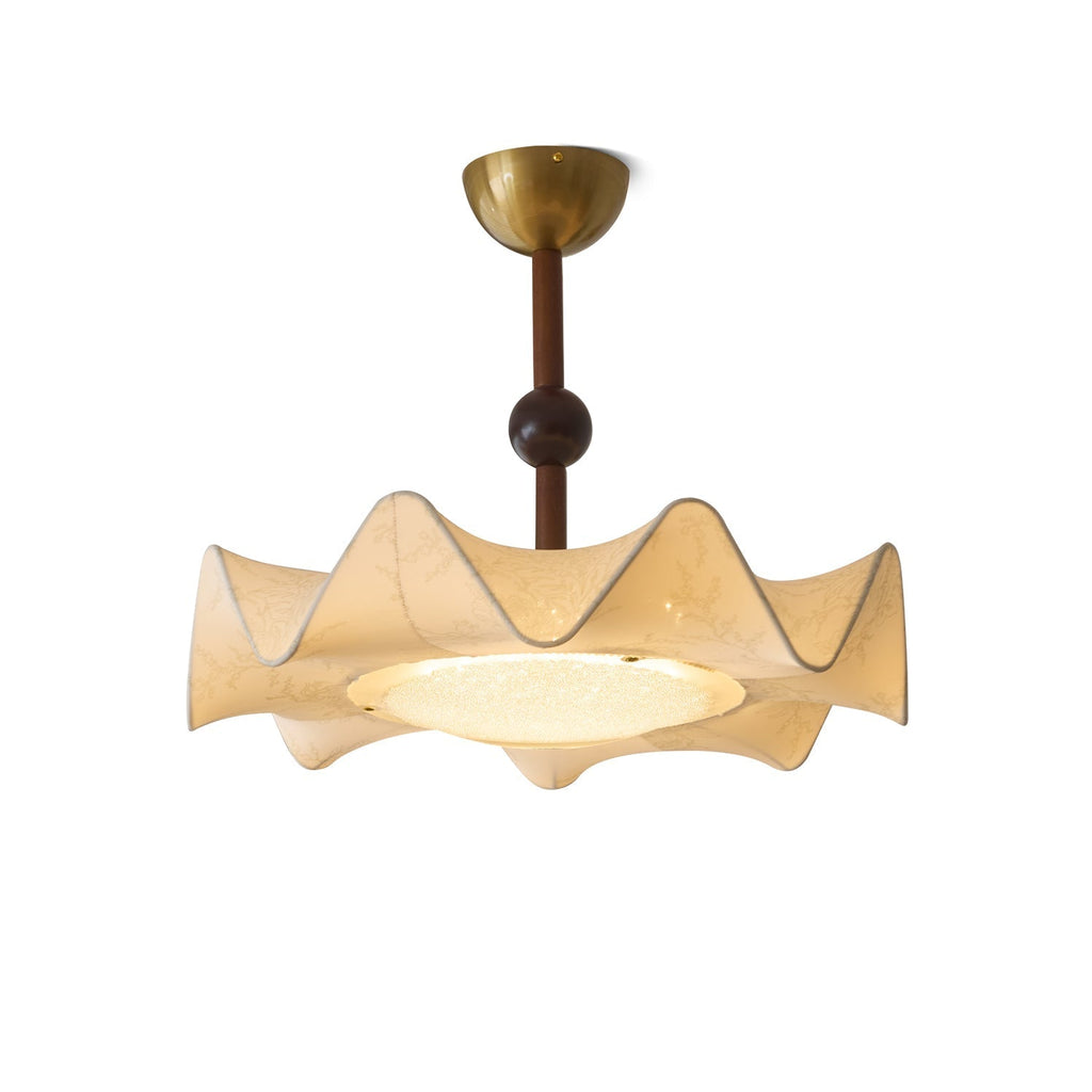 Lampa sufitowa Cyrie — drewniana rama, materiałowy klosz z wytrawianym kwiatowym wzorem