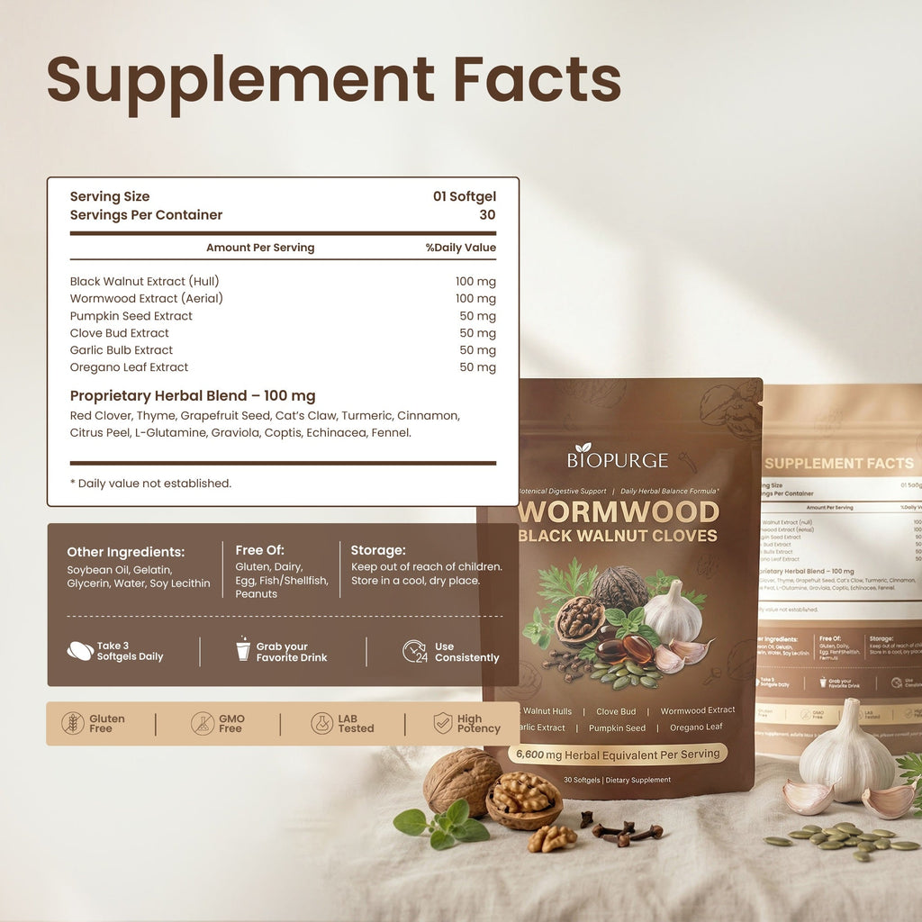 Wormwood & Black Walnut Softgels – 18-Herb Blend With Clove & Oregano, 30 Count