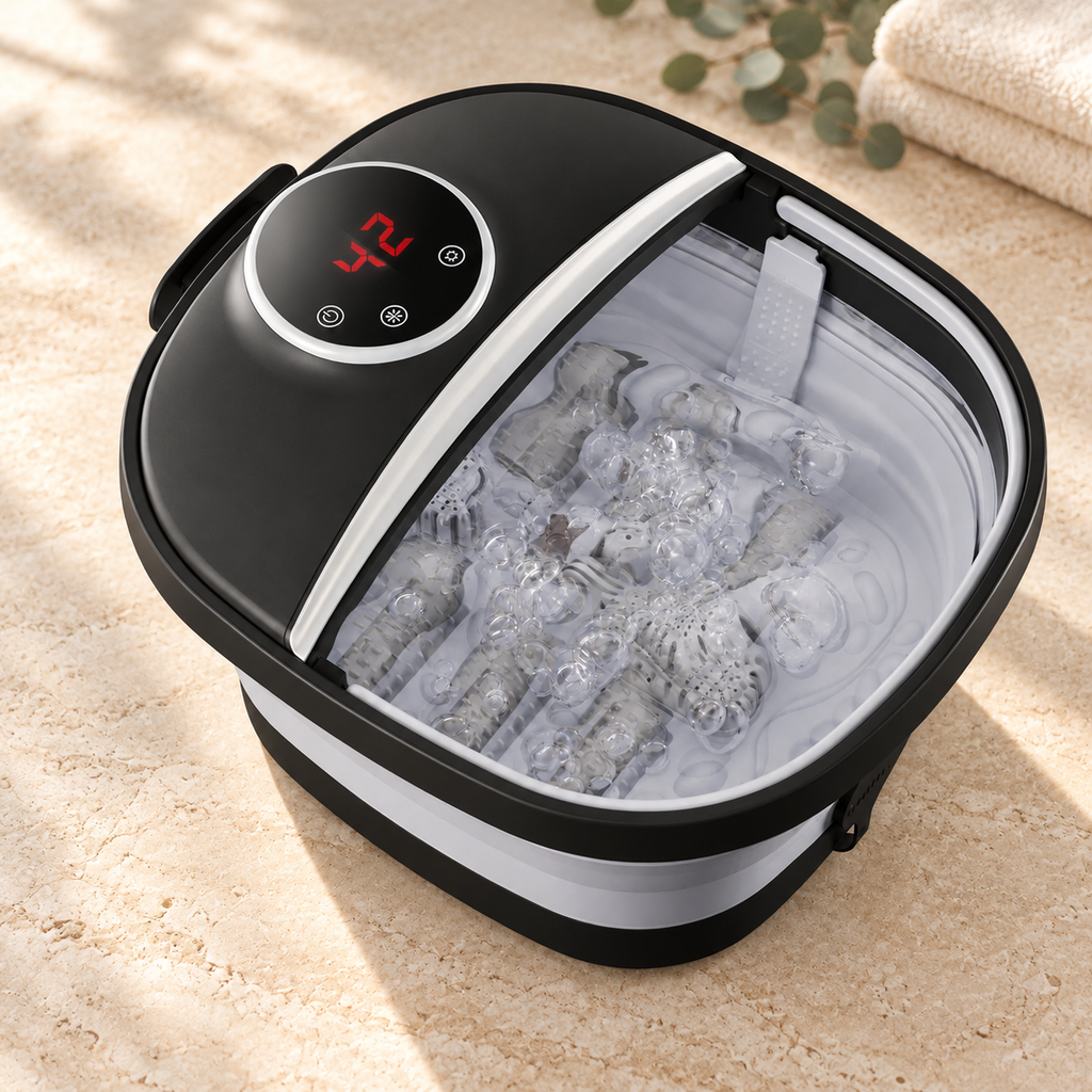 Foldable Foot Spa Bath Massager with Heat, Bubbles, 6 Massage Rollers, Temperature Control and Timer for Home Use