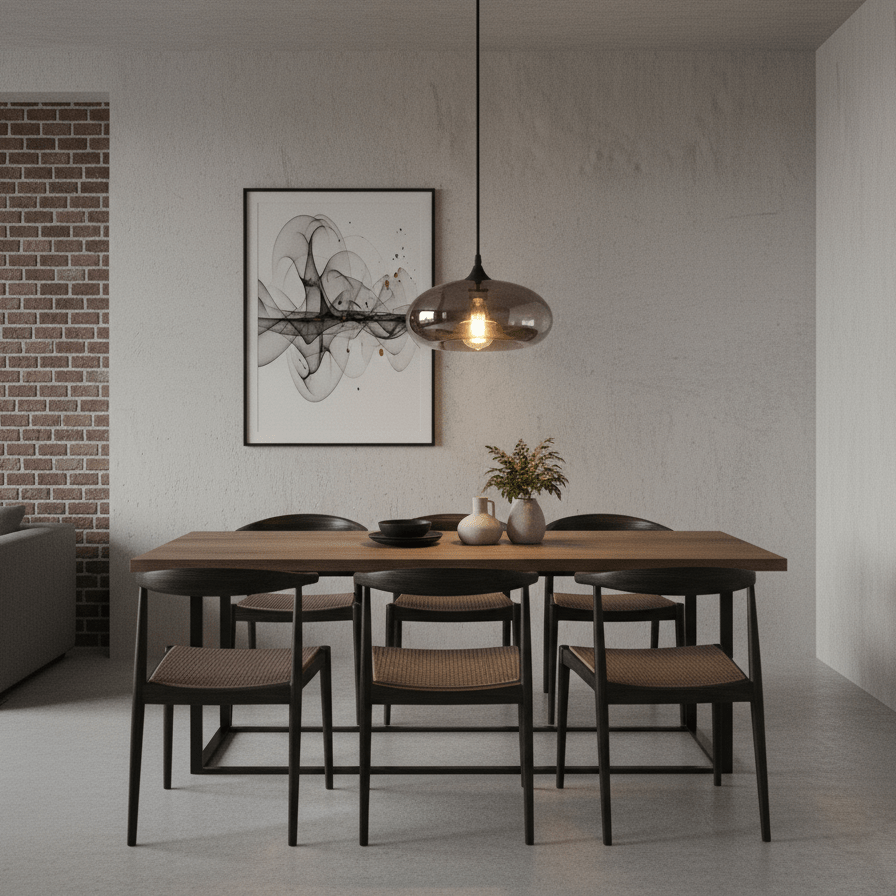 Flaskeformet pendellampe — håndblåst røykgrått glass, svart armatur, vintage og moderne