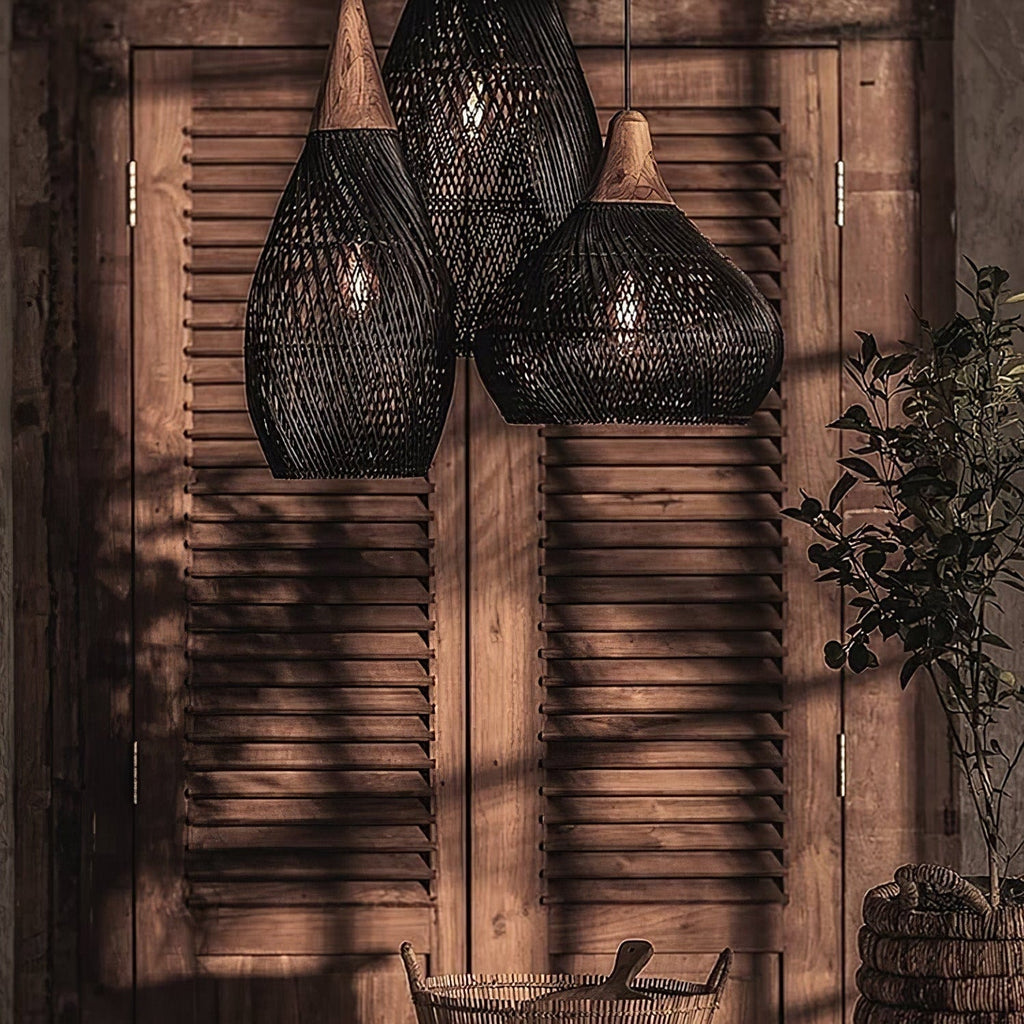 Evelyn Braided Rattan Pendant Lamp, Handcrafted Organic Javanese Weave