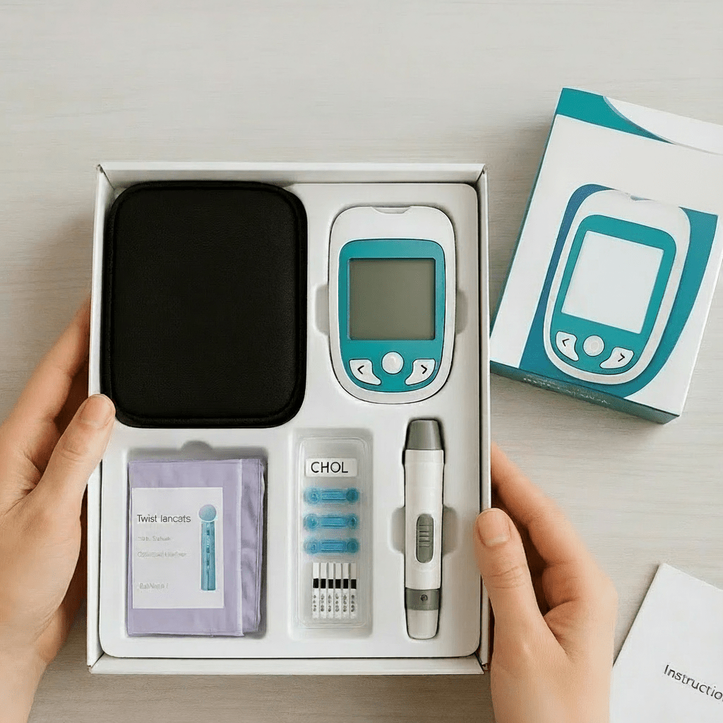 Testovací sada ApexCheck na cholesterol s multifunkčním analyzátorem pro rychlé a přesné domácí použití