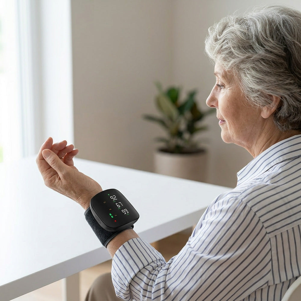 Older woman calmly measuring her blood pressure at home with a wrist monitor