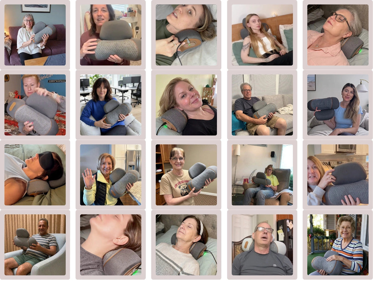 Collage of different people relaxing at home with the neck pillow