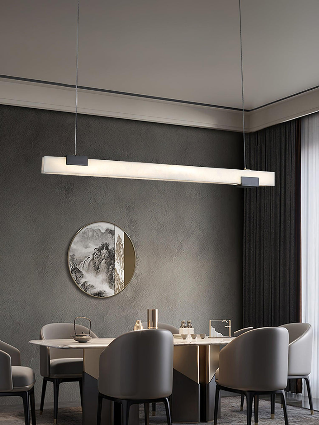 Suspension linéaire minimaliste en albâtre Kaelen — LED intégrée, finition en laiton poli, 100cm, 120cm