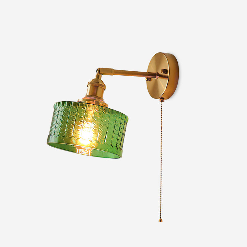 Wall Lamp Brass with Green/Clear Glass Shade and Pull Chain - Neutralighting