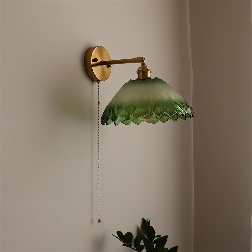 Brass Wall Lamp — Green/Clear Glass Shade, Pull Chain