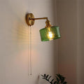 Brass Wall Lamp — Green/Clear Glass Shade, Pull Chain