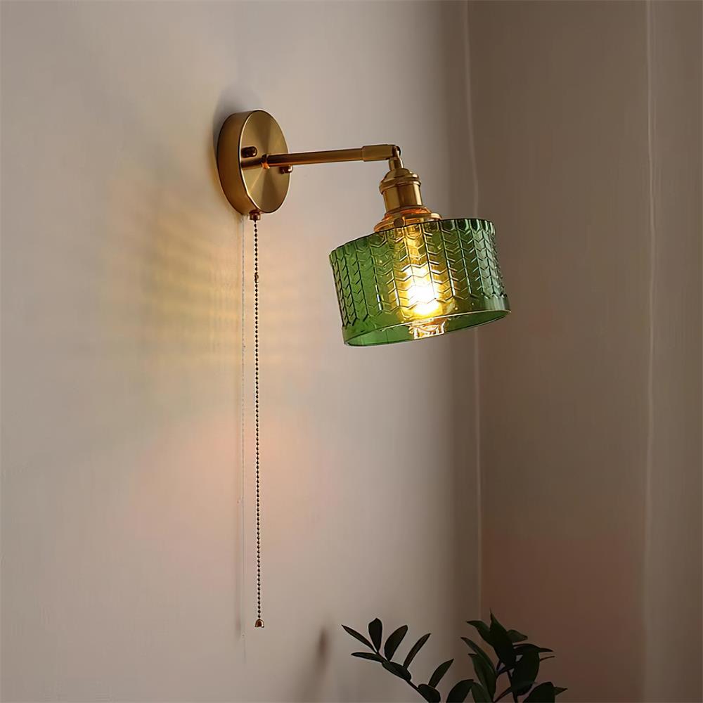 Brass Wall Lamp — Green/Clear Glass Shade, Pull Chain