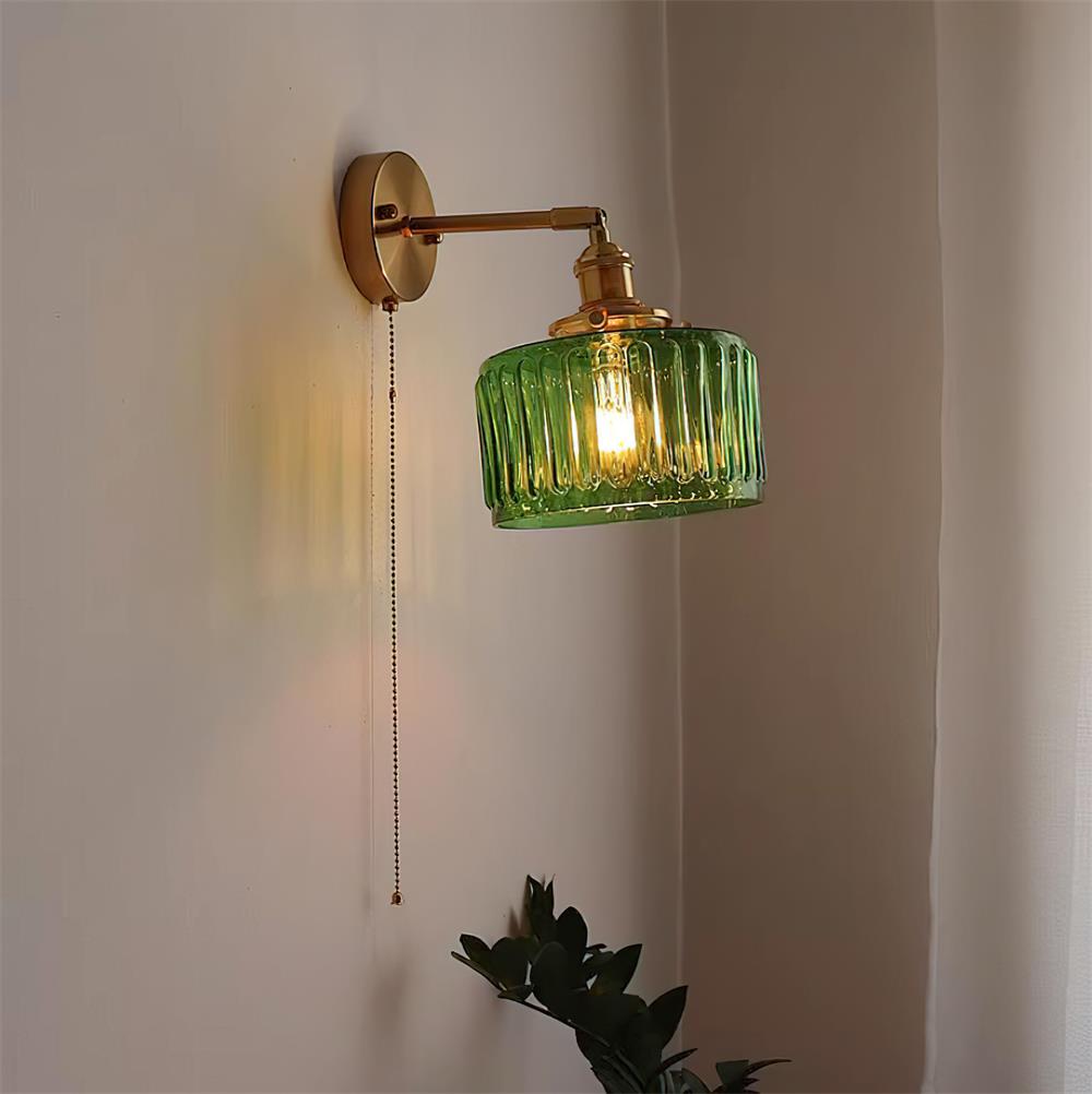 Wall Lamp Brass with Green/Clear Glass Shade and Pull Chain - Neutralighting