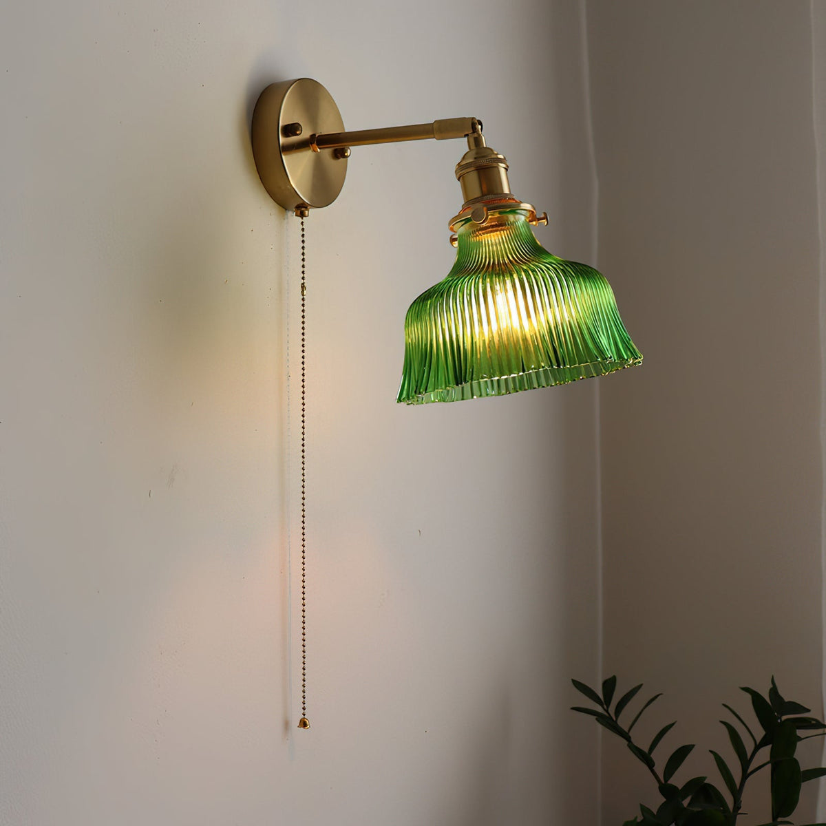 Brass Wall Lamp — Green/Clear Glass Shade, Pull Chain