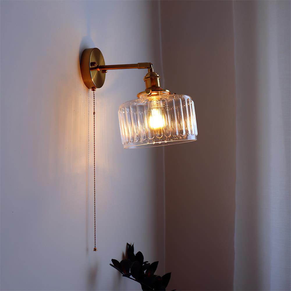 Brass Wall Lamp — Green/Clear Glass Shade, Pull Chain