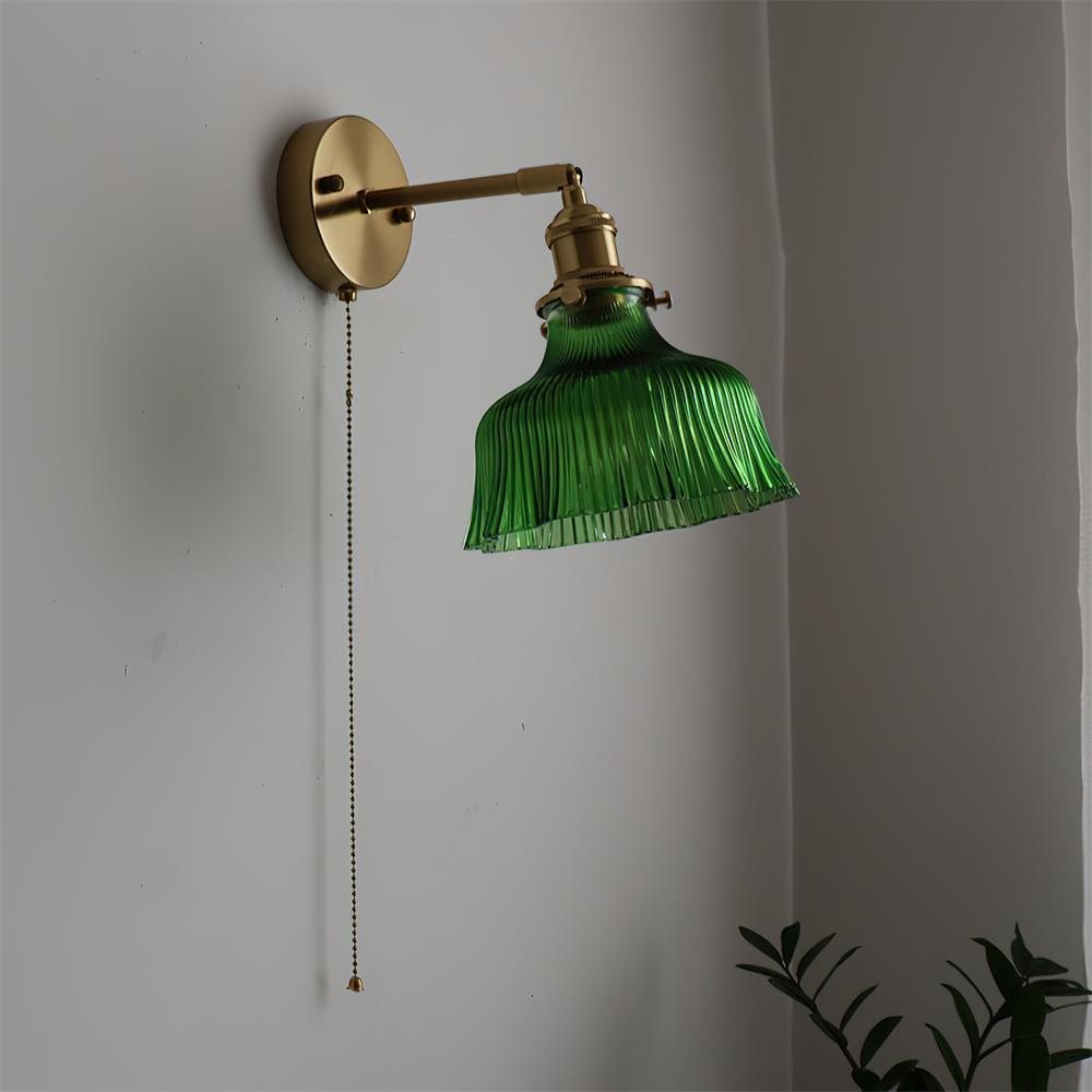 Brass Wall Lamp — Green/Clear Glass Shade, Pull Chain