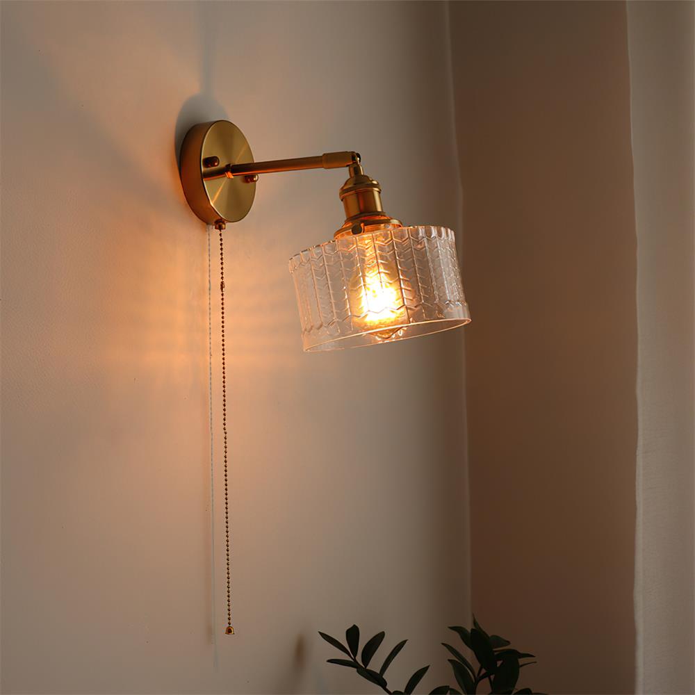 Brass Wall Lamp — Green/Clear Glass Shade, Pull Chain