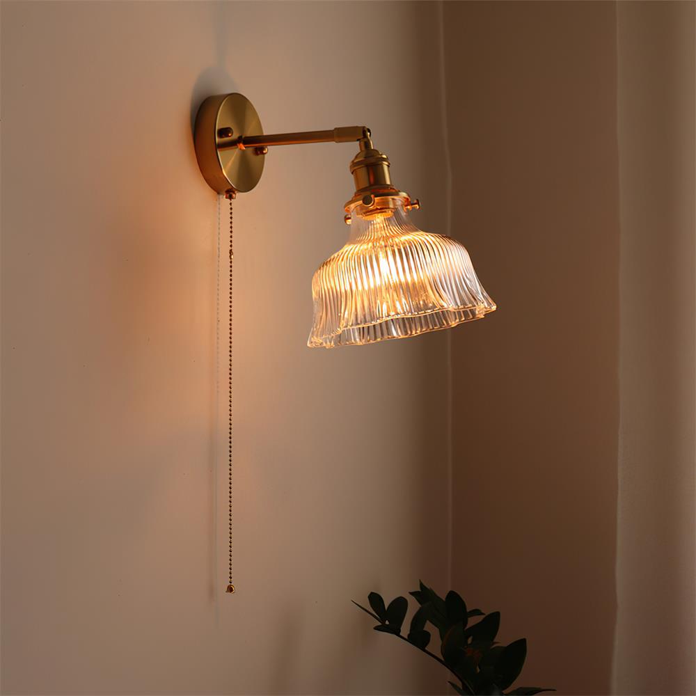 Brass Wall Lamp — Green/Clear Glass Shade, Pull Chain