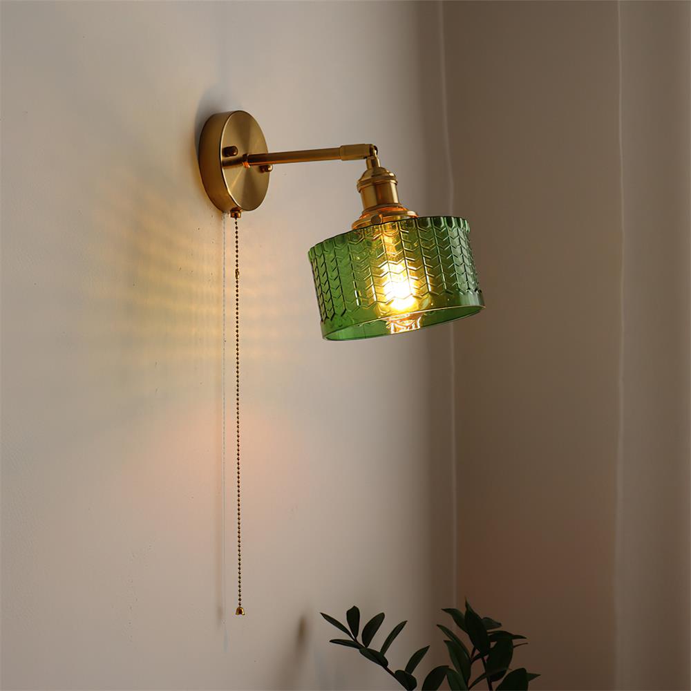 Brass Wall Lamp — Green/Clear Glass Shade, Pull Chain