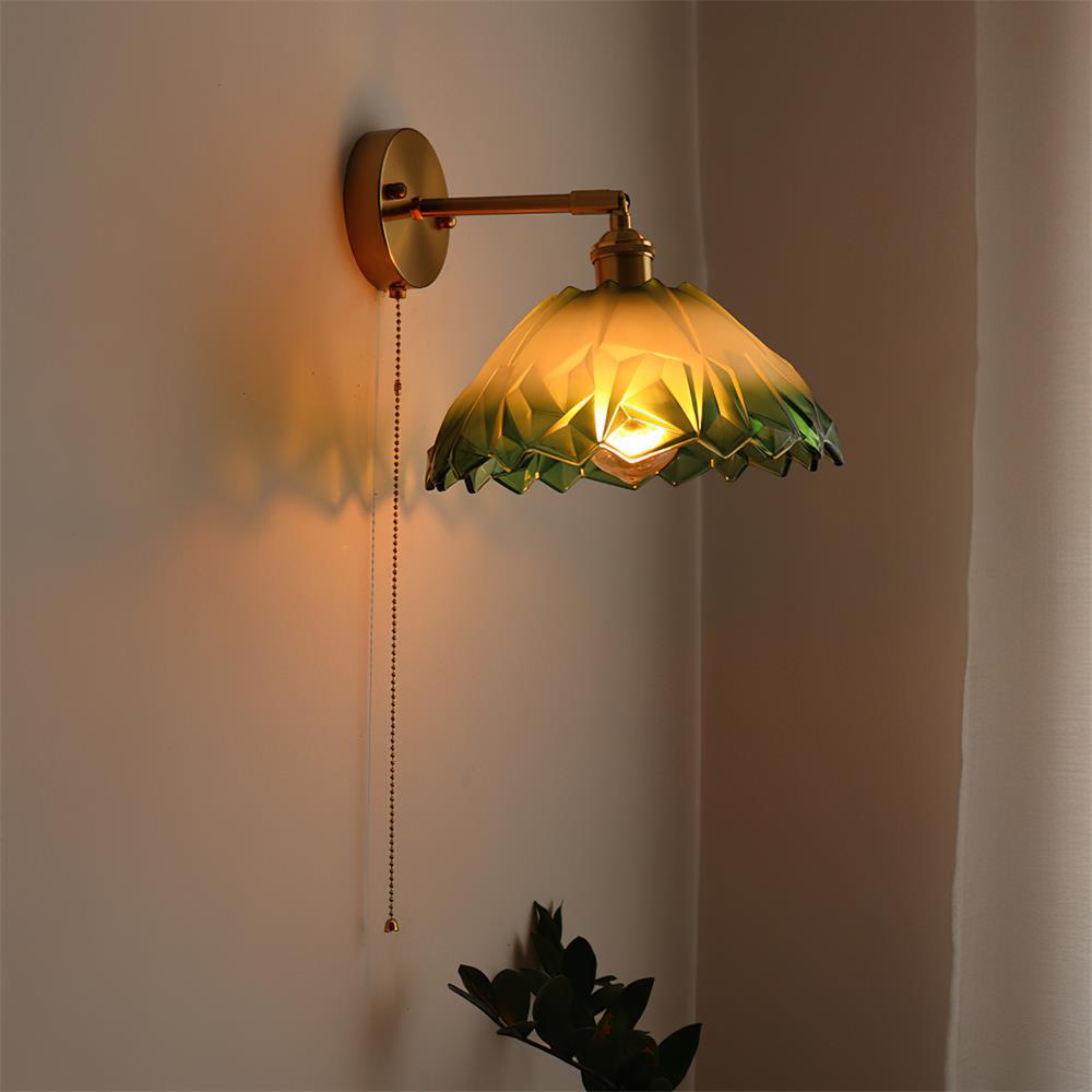 Brass Wall Lamp — Green/Clear Glass Shade, Pull Chain