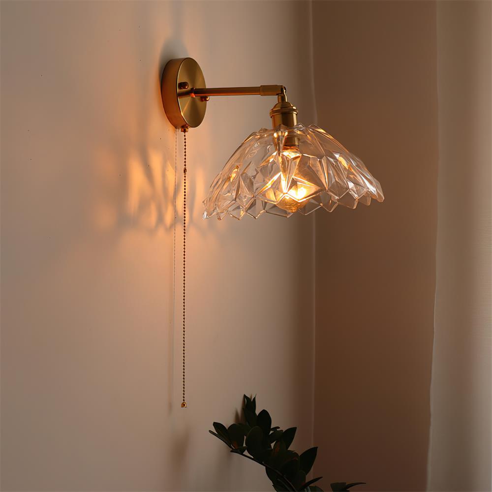Brass Wall Lamp — Green/Clear Glass Shade, Pull Chain