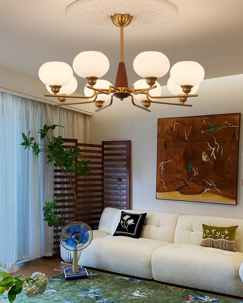 Candeeiro de teto Lustra de 3 luzes — globos de vidro fosco, detalhes em nogueira, 60cm de diâmetro