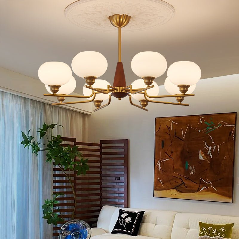 Candeeiro de teto Lustra de 3 luzes — globos de vidro fosco, detalhes em nogueira, 60cm de diâmetro