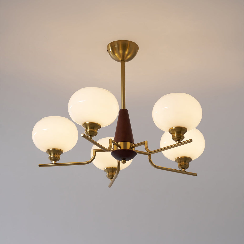 Candeeiro de teto Lustra de 3 luzes — globos de vidro fosco, detalhes em nogueira, 60cm de diâmetro