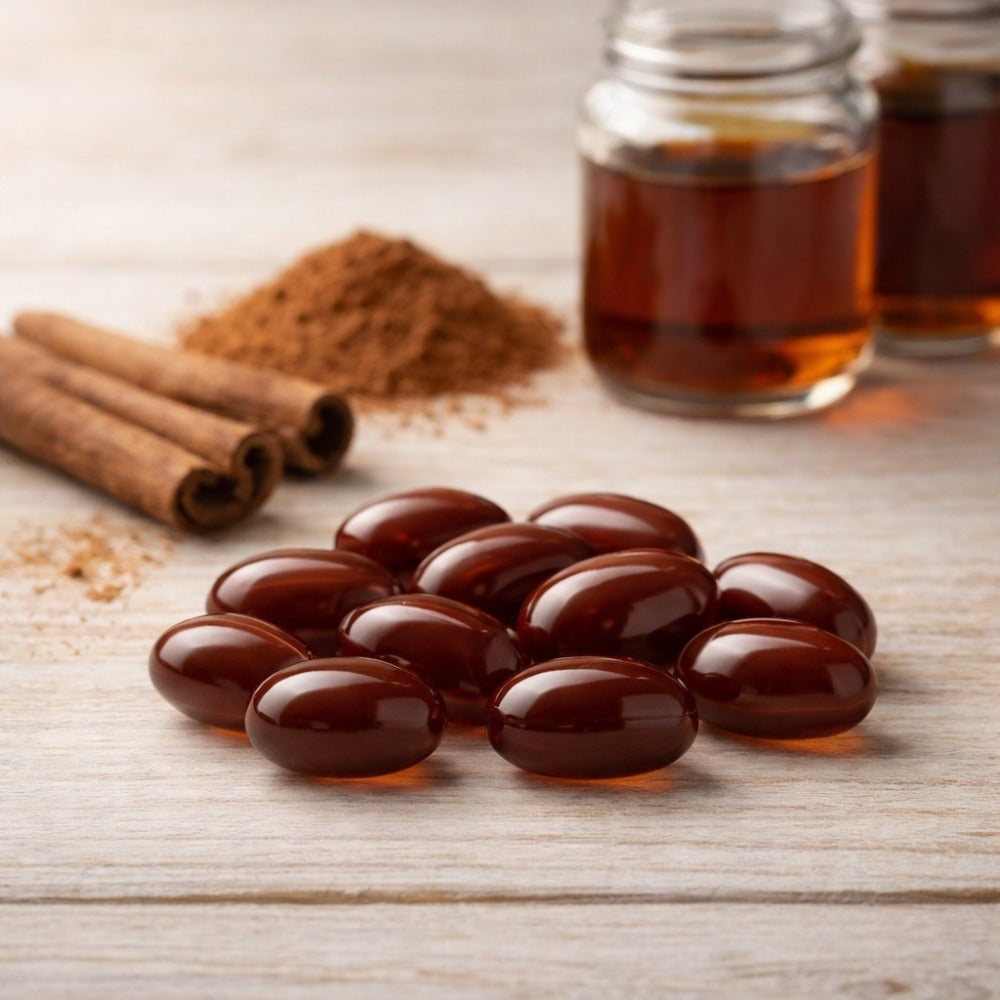 Brown cinnamon softgels next to cinnamon sticks and oil