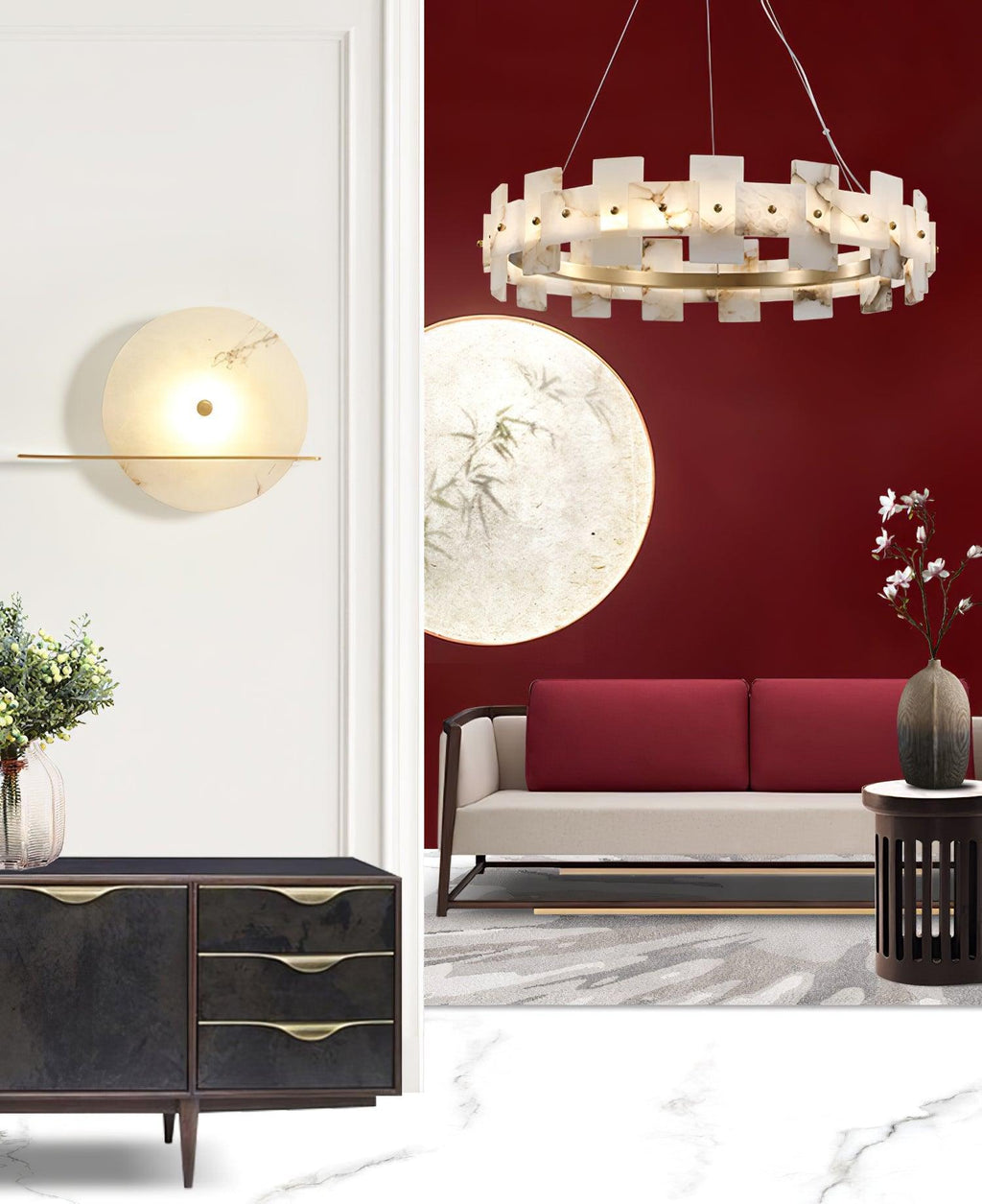 Alabasterfarget halolampe – integrert LED-ringbelysning