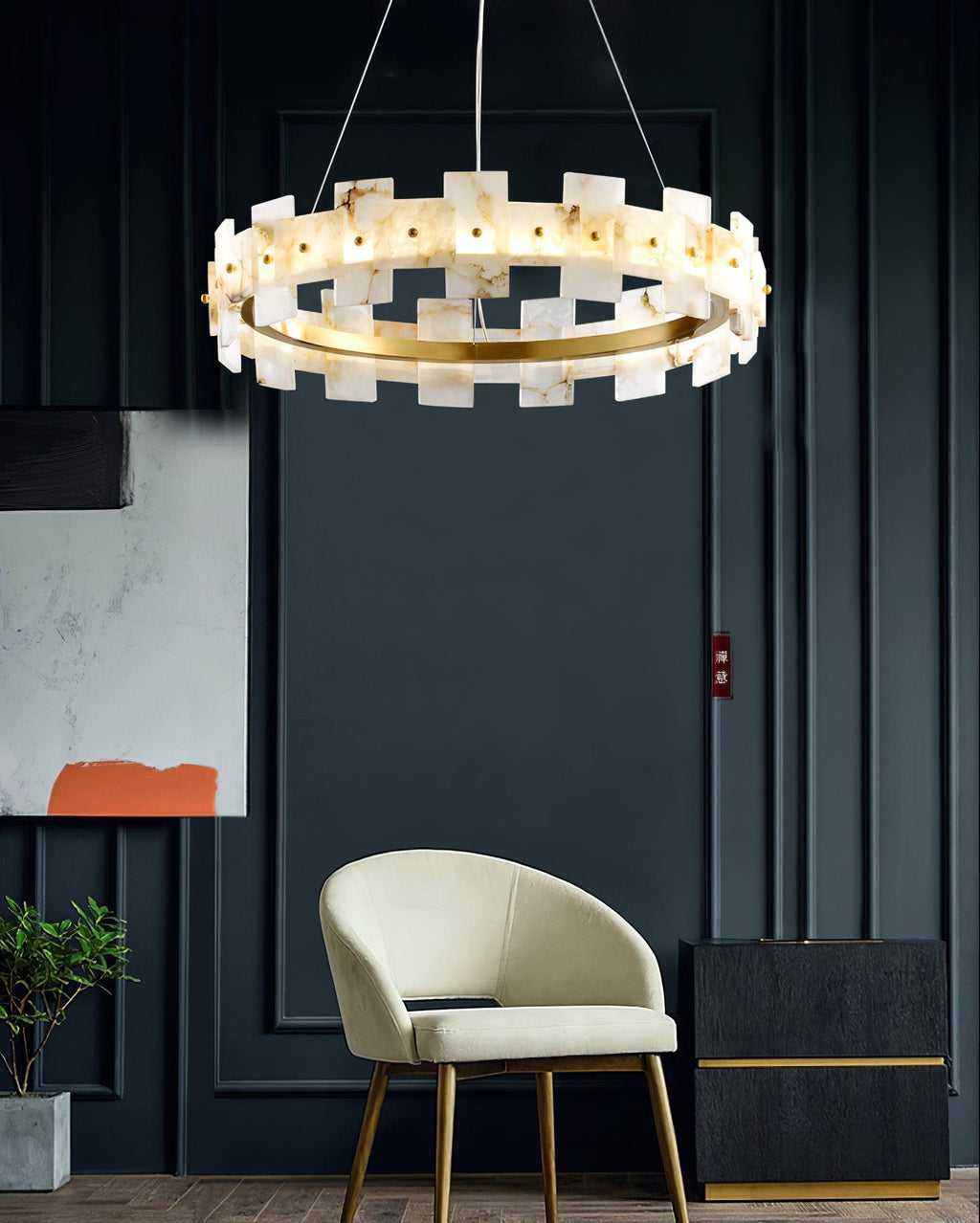 Alabasterfarget halolampe – integrert LED-ringbelysning