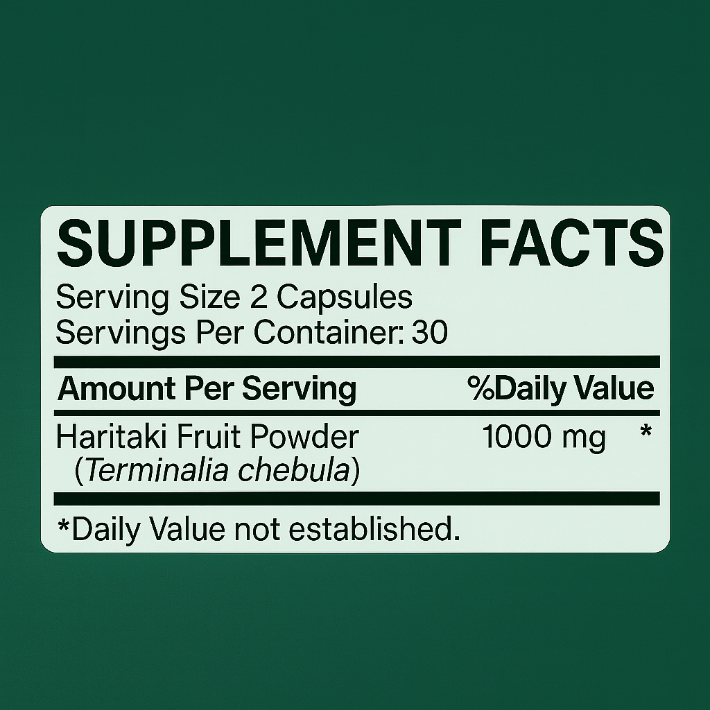 Supplement facts: haritaki fruit powder 1000 mg per 2 capsules