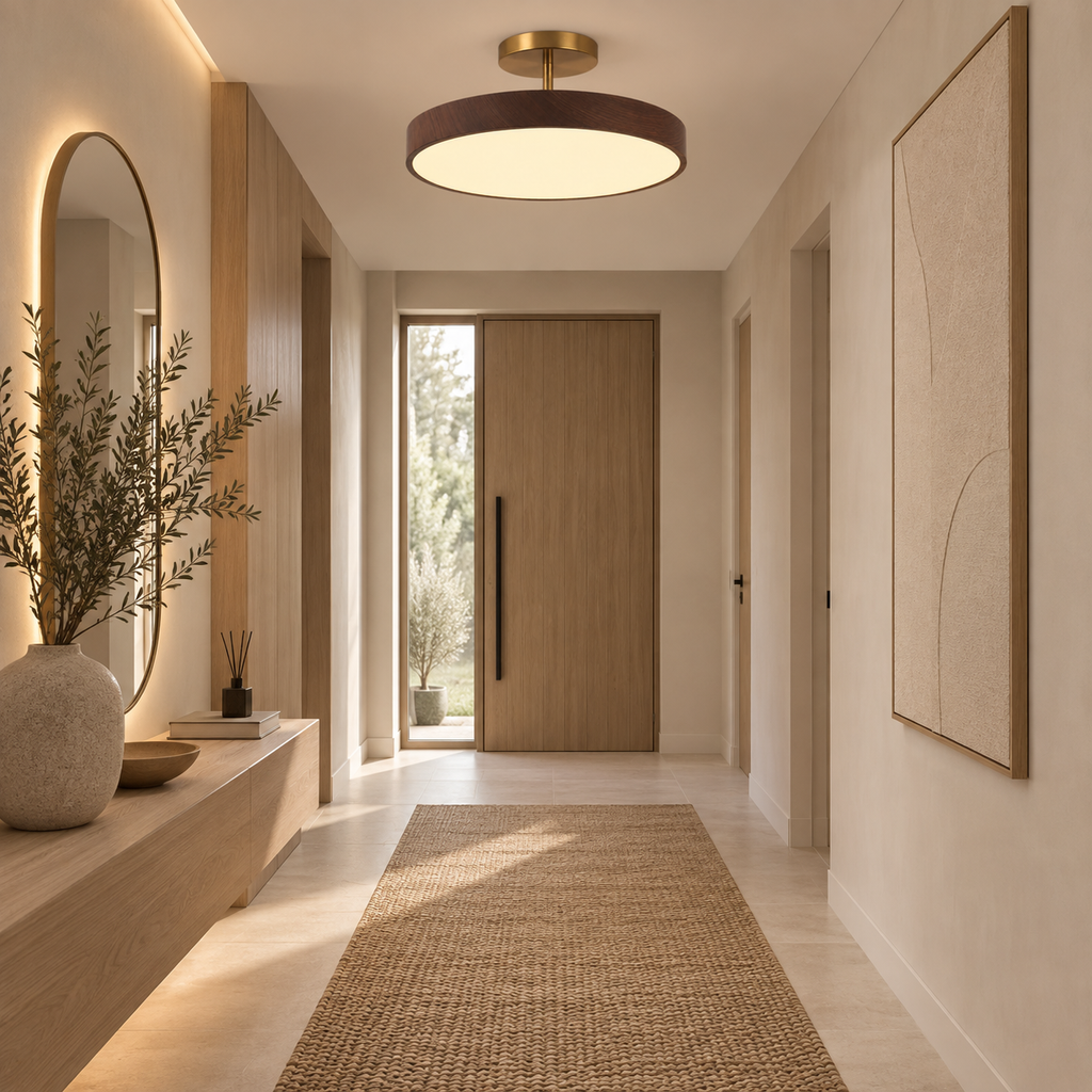 مصباح سقفي خشبي - إطار ذهبي وتصميم LED بإضاءة محيطية
