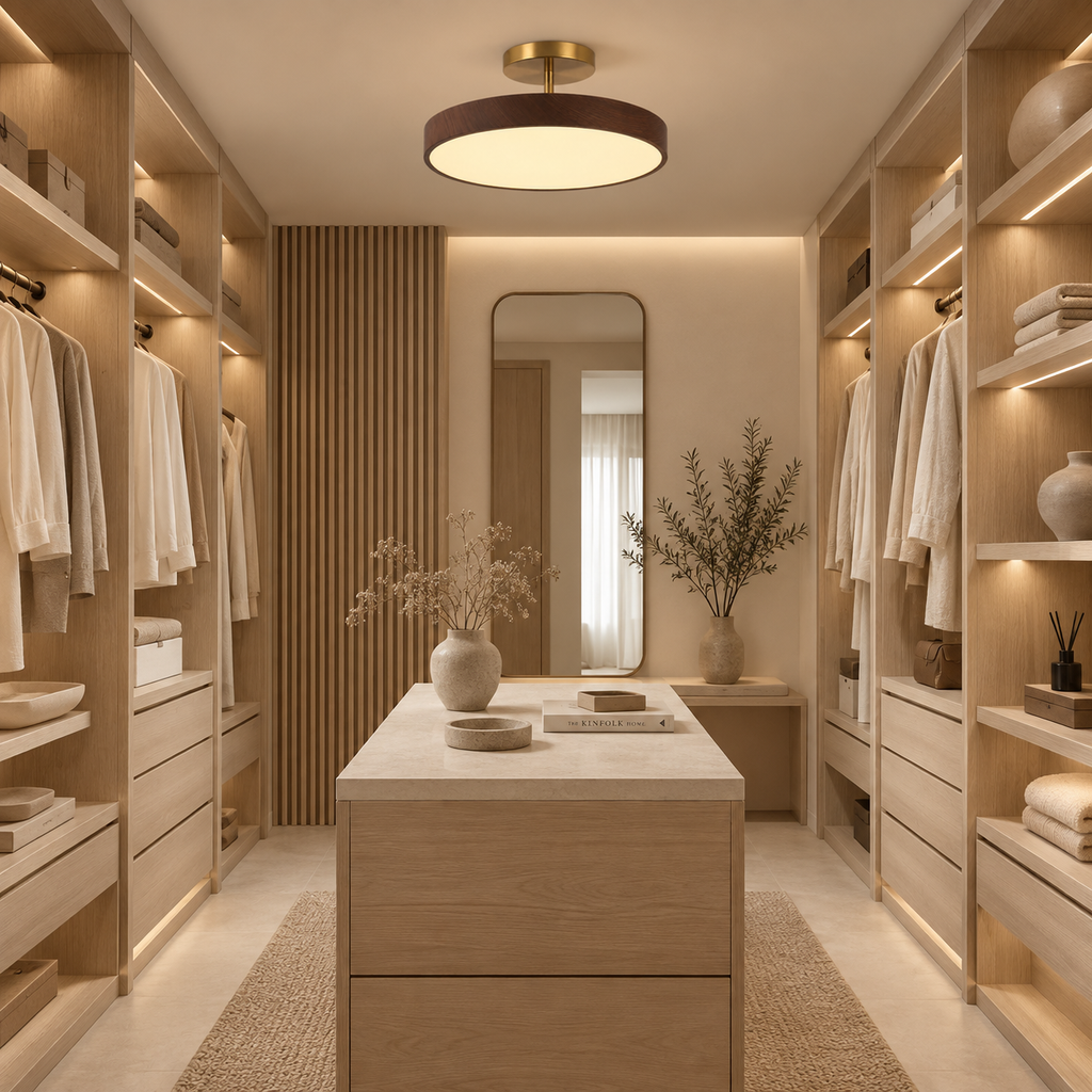 مصباح سقفي خشبي - إطار ذهبي وتصميم LED بإضاءة محيطية