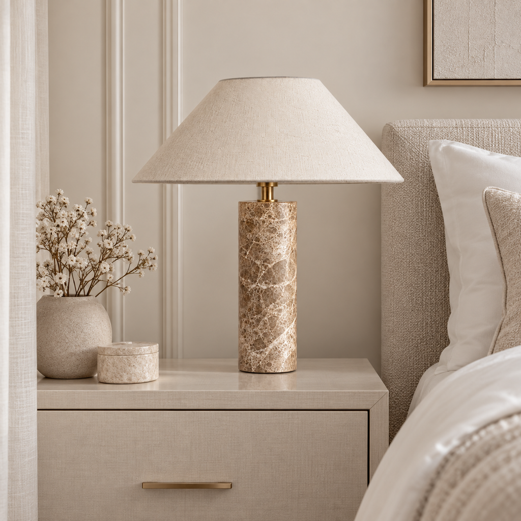 Lampada da tavolo in marmo - Paralume in tessuto bianco con LED E27