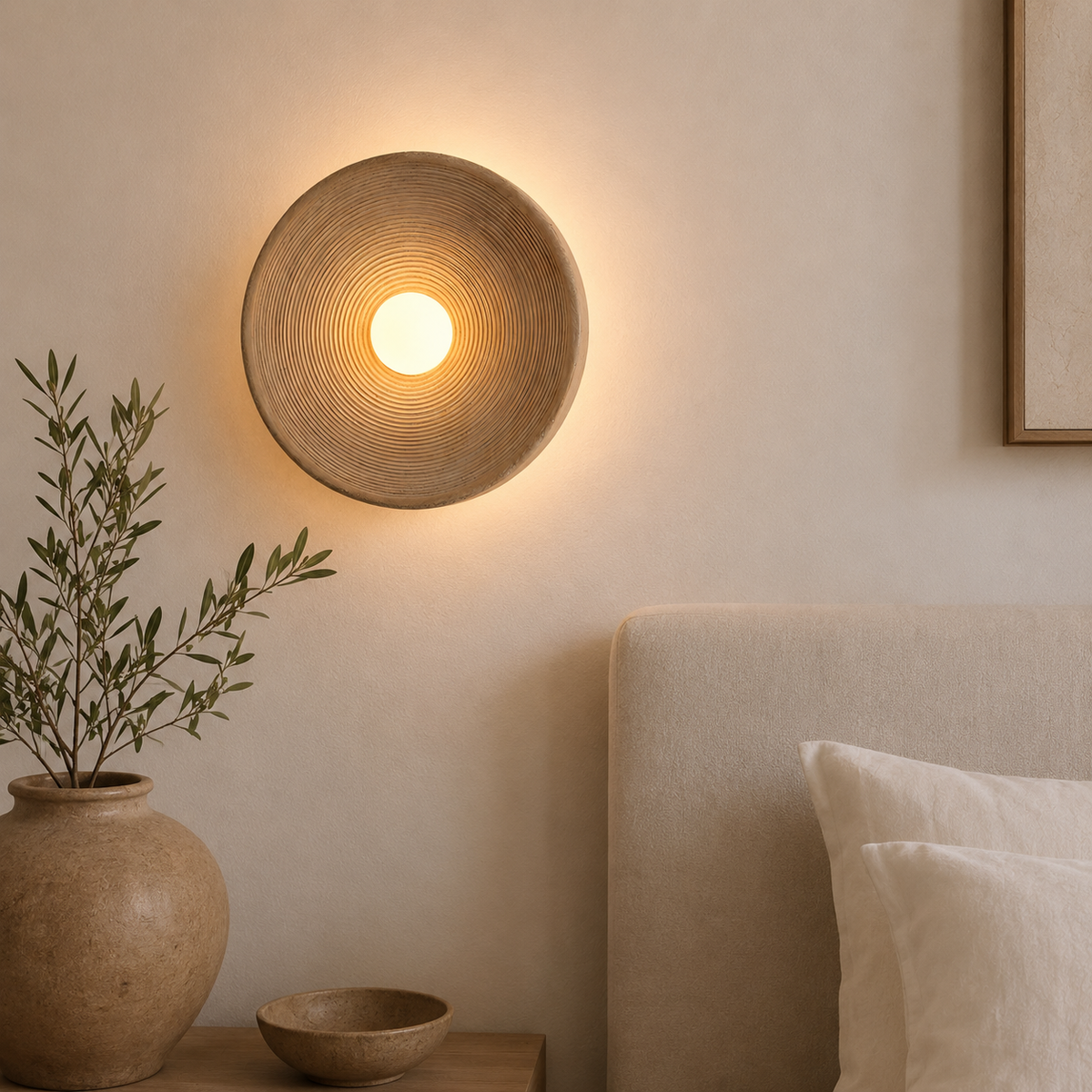 Aplique de pared retro de cerámica estilo japandi - lámpara de diseño redonda de resina