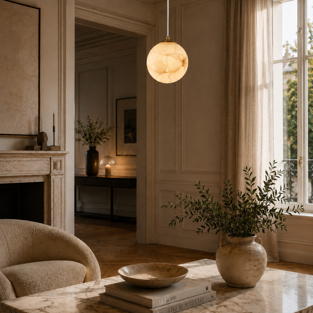 Lampa wisząca z alabastru w stylu Japandi - oświetlenie z kamienia naturalnego