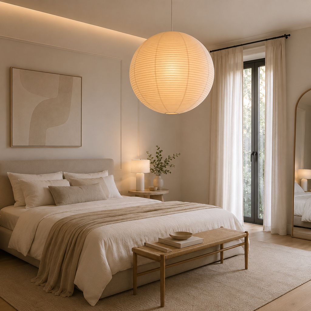 Japonské závěsné svítidlo v designu Japandi – designové světlo, ambientní osvětlení