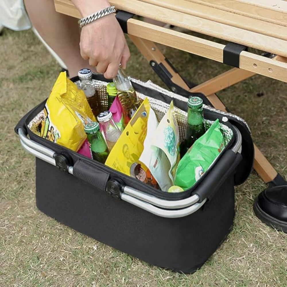 Skládací piknikový koš 18L - nepropustná tkanina Oxford - hliníkový rám - černá, šedá a modrá