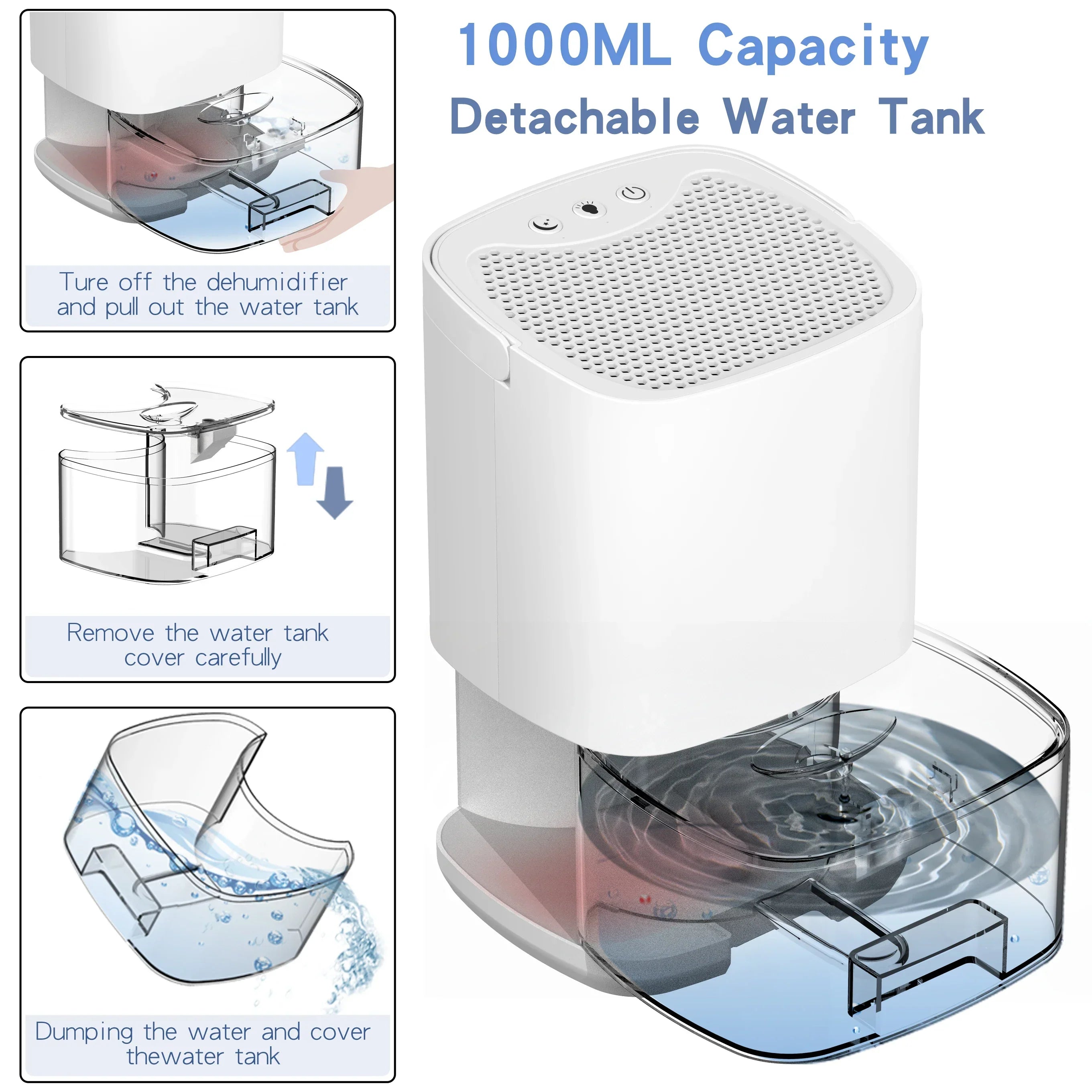 Hordozható páramentesítő és légtisztító - 1000 ml tartály - Anion szűrő - Éjszakai fény - ≤45 dB