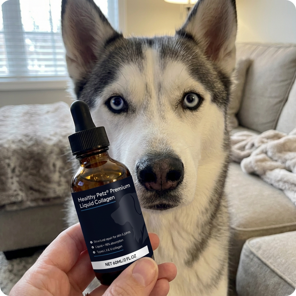 Husky dog sitting next to a dropper bottle of liquid collagen supplement