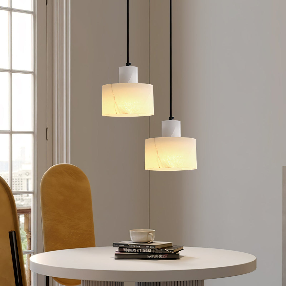 Podwójna cylindryczna lampa wisząca z alabastru - warstwowa sylwetka