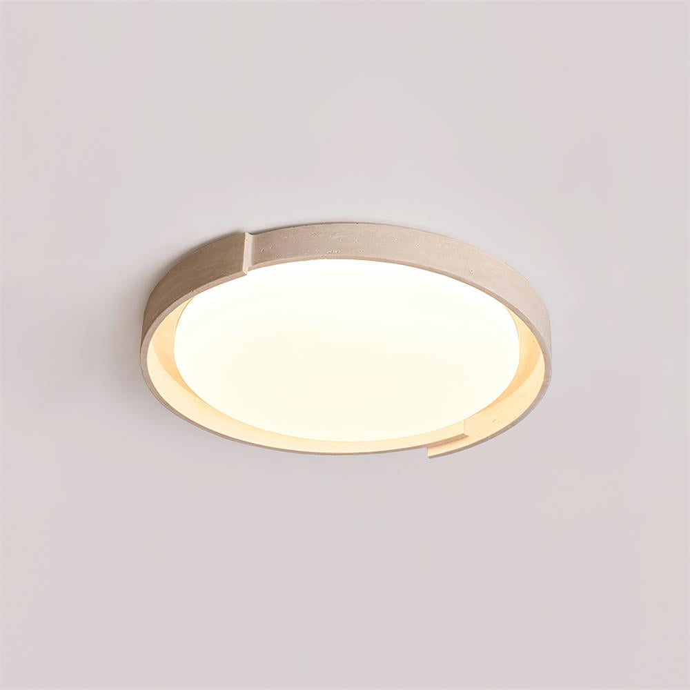 Juvio minimalistisk rund loftlampe i travertin — integreret LED, akrylrand, varm hvid