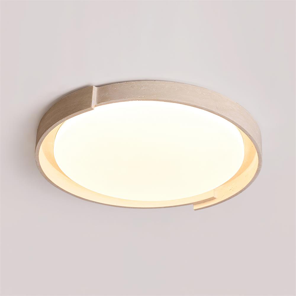 Juvio minimalistisk rund loftlampe i travertin — integreret LED, akrylrand, varm hvid