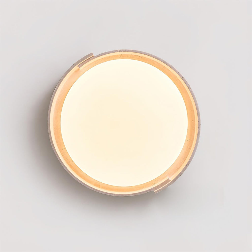 Juvio minimalistisk rund loftlampe i travertin — integreret LED, akrylrand, varm hvid